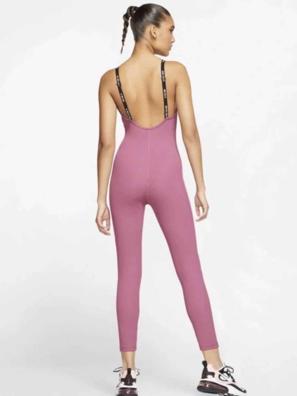 Nike JDI Plunge Back Ribbed Jumpsuit Pink Nike Logo
